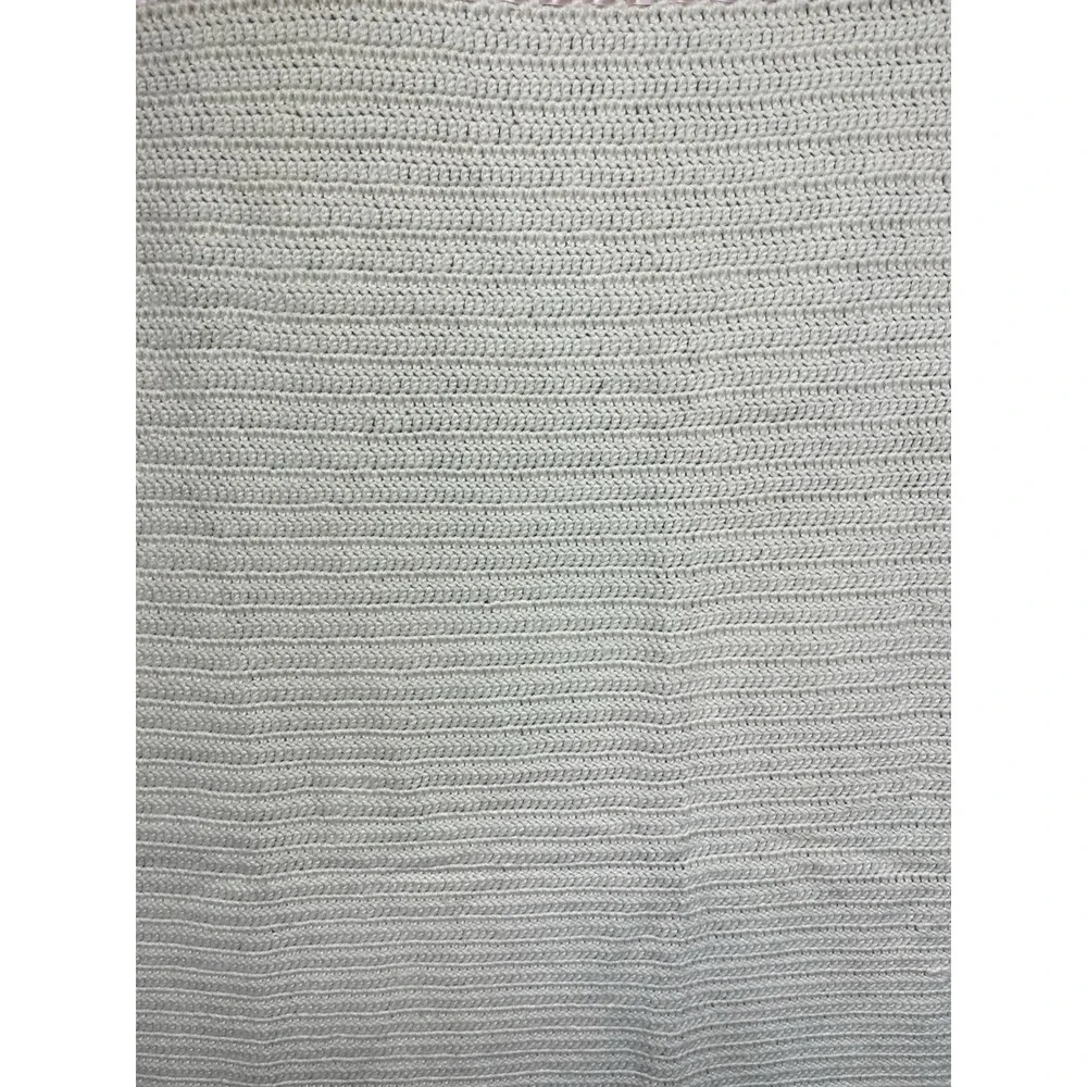 VTG Hand Crocheted Afghan White Cream With Pink‎ Ribbon Scalloped Edges 56